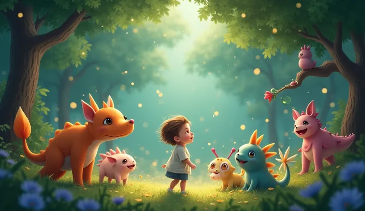 The Group Grows "The child surrounded by several cute and fun creatures. A creature with many little legs, another one that looks like a little dragon that blows soap bubbles, and other creative and colorful ways. The creatures are dancing around the child...