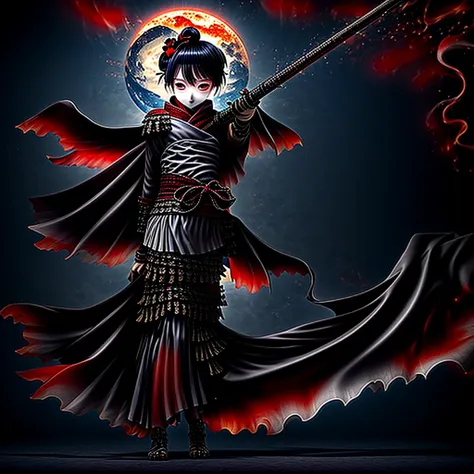 perfect anatomy、a girl in a kimono stands holding a jet-black japanese sword with a shining tsuba.、original, unique and cute hai...