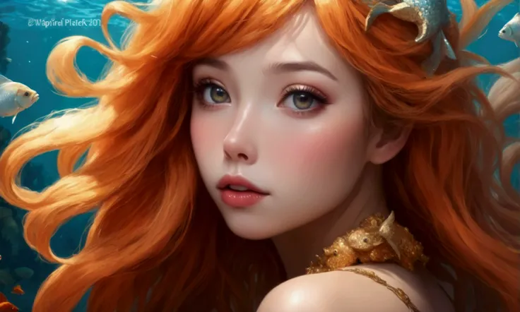 a cute goldfish mermaid with a starfish bra, golden scales, golden hair, underwater ocean scene with coral reef, large eyes, wide open mouth, 1girl, detailed face, overly large beautiful detailed eyes, beautiful detailed lips, extremely detailed eyes and f...