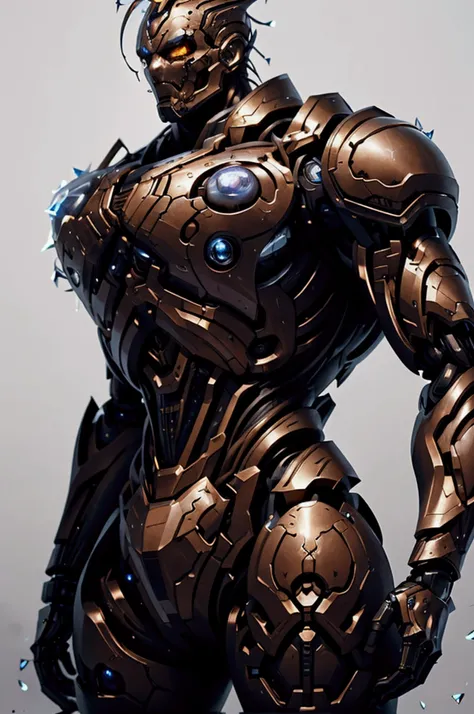 Best Quality，A heroic young man with a perfectly chiseled face、Standing as a cyborg warrior. His whole body is transparent, ((Encased in a clear crystal exterior))., The complex metal mechanism can be seen inside. In a dramatic fight scene, Several bad guy...