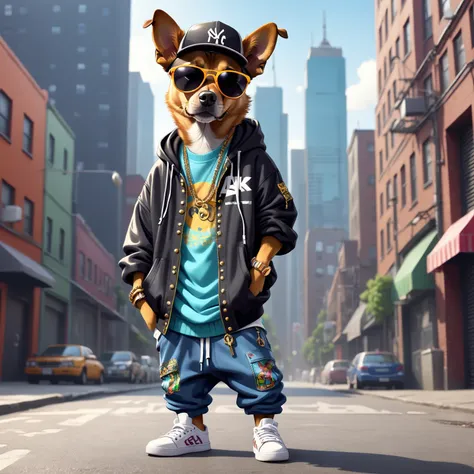 a rapper dog, listening to music and wearing sunglasses, baggy outfit like hip hop style, urban city, cartoon style. 4k.