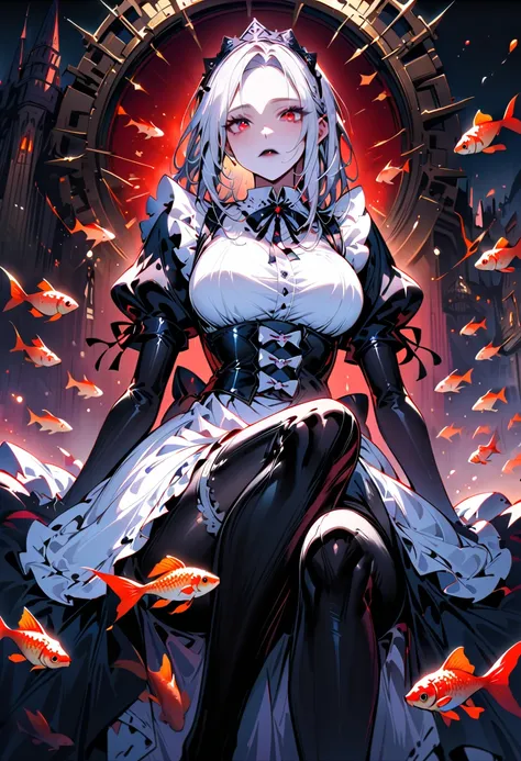 Young beautiful woman,(Best Quality,Extremely detailed depiction,Incredibly absurd high definition,Anatomically accurate,Curvy Legs,Shiny skin,Porcelain-like skin),(Black and white gothic maid outfit,Maid Skirt,corset,Black tights),eyelash,(Silver Hair,Red...