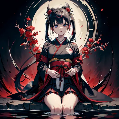 Perfect Anatomy、A girl in a kimono stands holding a jet-black Japanese sword with a shining tsuba.、Original, unique and cute hairstyle、Blue Eyes、Black and red kimono、White splashes on a black background、Ultra HD、Ultra-fine detail、Ultra-fine kimono patterns...