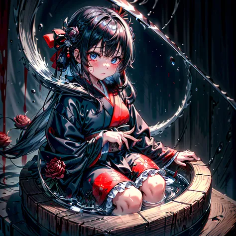 Perfect Anatomy、A girl in a kimono stands holding a jet-black Japanese sword with a shining tsuba.、Original, unique and cute hairstyle、Blue Eyes、Black and red kimono、White splashes on a black background、Ultra HD、Ultra-fine detail、Ultra-fine kimono patterns...