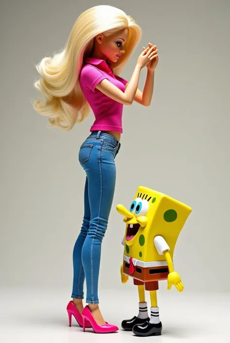 Barbie carried and kissed Spongebob Squarepants on the lips. Barbie is wearing pink polo, pink high heels, and skinny blue jeans. Spongebob Squarepants is wearing his original clothes in the Spongebob Squarepants series. Full height from head to toe and Fu...