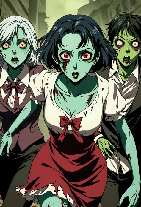 Zombie women with blue and green skin, red eyes, torn clothes, running after a boy, short black hair, green eyes, girls in love chasing scared boy, zombies girls, Romantic Comedy, girls loving boy.