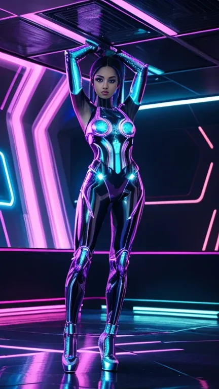 A breathtaking female cybernetic android dancer performs in a vibrant, futuristic nightclub bathed in neon and holographic lights. Her sleek metallic skin shimmers under the glow, with intricate, pulsating circuits running across her body. Despite her robo...