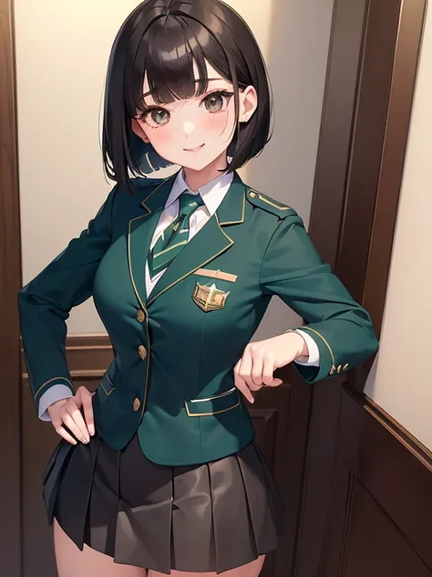 (masterpiece:1.2),best quality,shape,beautiful detailed young ， the girls (blazer uniform，skirt:1.3)  (wearing a deep green supe...