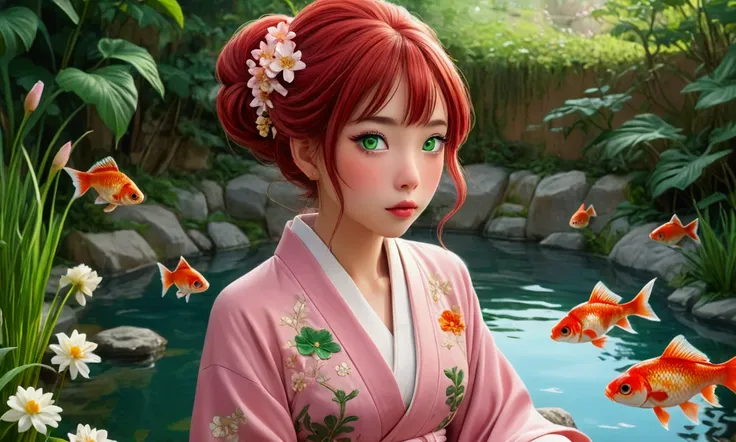 a cute yuna, stunning detailed girl, beautiful detailed eyes, beautiful detailed lips, extremely detailed face, long eyelashes, luscious flowing red hair, emerald green eyes, fancy Japanese silk short robe, intricate embroidery, pink robe, sitting open leg...