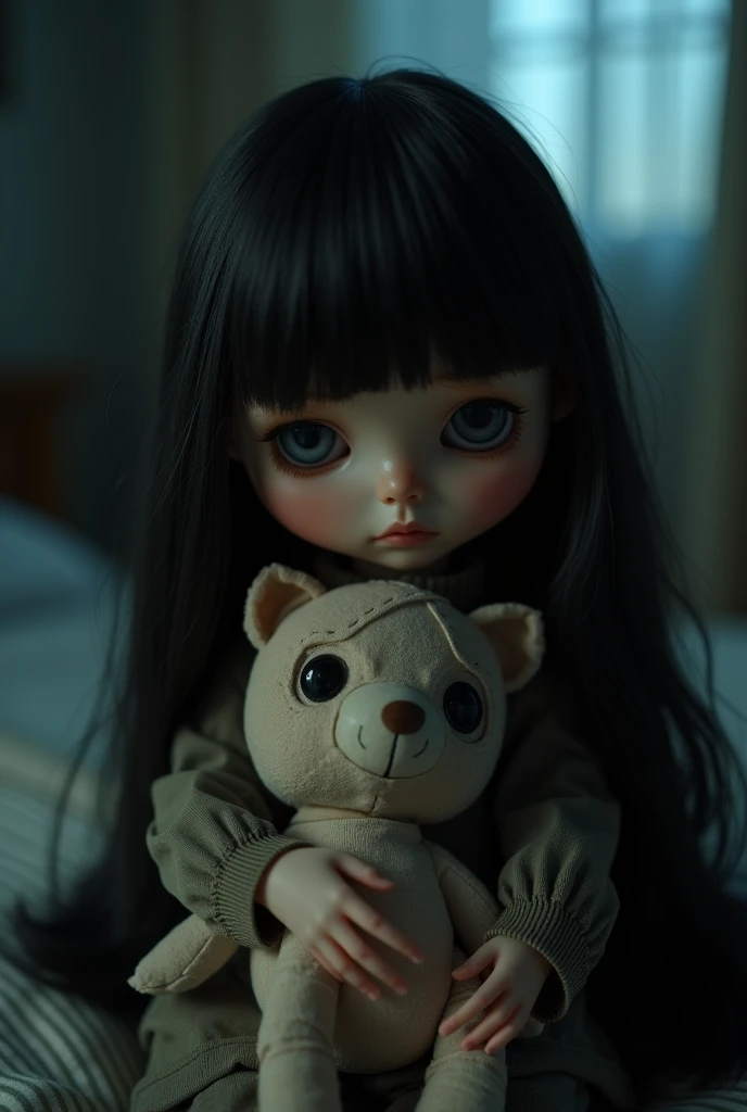 Midnight, dark room, bandaged stuffed animal, doll holding stuffed animal, Blythe Doll, Look, Closed mouth Center parted dark hair Long hair Highly detailed, high detail, Cinematic Lighting Effects, Wide Angle Shot, I want to cry, 