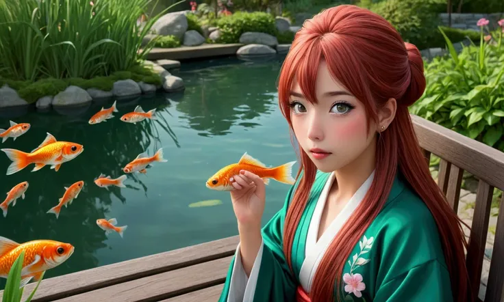 a cute yuna, stunning detailed girl, beautiful detailed eyes, beautiful detailed lips, extremely detailed face, long eyelashes, luscious flowing red hair, emerald green eyes, fancy Japanese silk short robe, intricate embroidery, pink robe, sitting open leg...