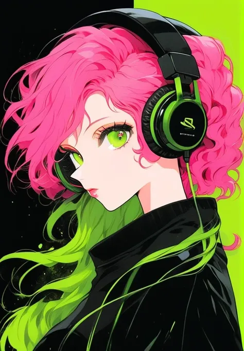 Young woman, Large upper body and head, Bright pink hair, Acid green headphones, Acid Green Horn, Black clothes, Simple Background
