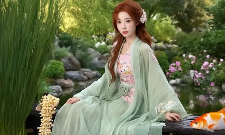 a cute yuna, stunning detailed girl, beautiful detailed eyes, beautiful detailed lips, extremely detailed face, long eyelashes, luscious flowing red hair, emerald green eyes, fancy Japanese silk short robe, intricate embroidery, pink robe, sitting open leg...