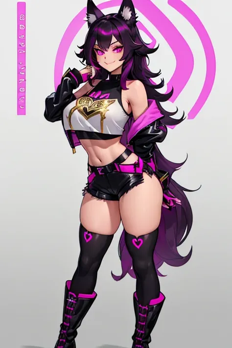 female, black long hair with magenta highlights, silver eyes, wolf ears, wolf tail, (((1girl))), (((magenta shoulderless crop top with gold trim)), (Magenta booty shorts with black trim), (black thigh high socks), (magenta heeled boots), (black fingerless ...