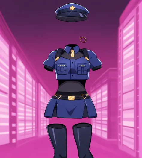 An anime-style invisible police girl standing in a cityscape at night. Shes wearing a futuristic police uniform with a sleek, dark design. Her body is partially transparent, with only certain elements like her hat, badge, and police belt being fully visibl...