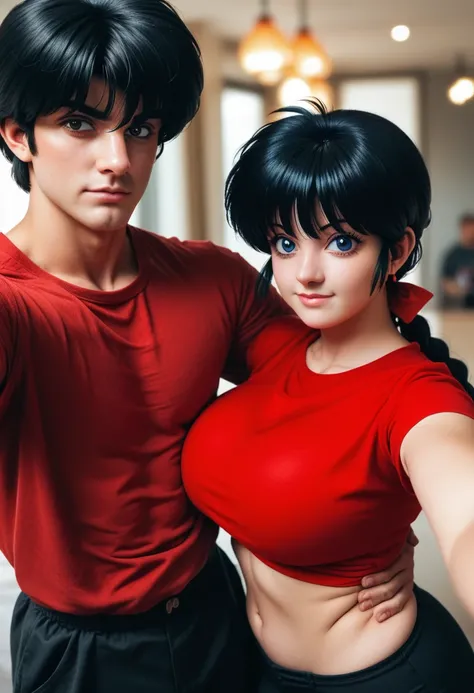 a couple selfie, hug, selfie, ranma girl and ranma boy in a selfie, ((Ranma Chan, redhead, huge breast, big ass, thick thighs, wide hips))(a couple selfie)((Ranma Saotome, male, handsome, abs, black pants, red shirt, black hair))(ranma girl and ranma male)...