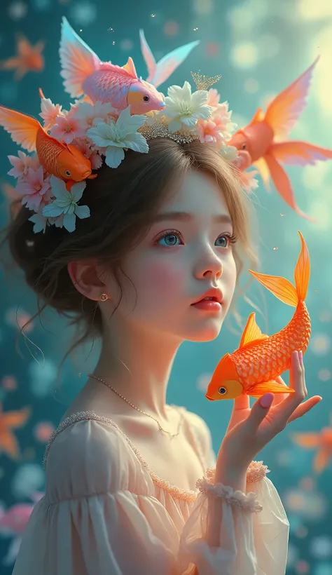 A girl playing with rainbow origami goldfish, pastel colors, fractal art, (best quality,4k,8k,highres,masterpiece:1.2),ultra-detailed,(realistic,photorealistic,photo-realistic:1.37),1girl,beautiful detailed eyes,beautiful detailed lips,extremely detailed f...