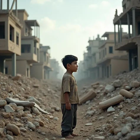 a lost Palestine boy with torn clothes standing in front of the destroyed homes, buildings and schools by israel