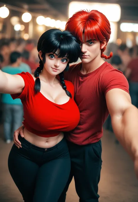 a couple selfie, hug, selfie, ranma girl and ranma boy in a selfie, ((Ranma Chan, redhead girl, huge breast, big ass, thick thighs, wide hips))(a couple selfie)((Ranma Saotome, male, handsome, abs, black pants, red shirt, black hair))(ranma girl and ranma ...