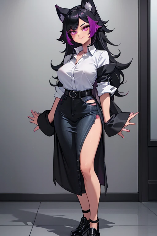 female, black long hair with magenta highlights, silver eyes, wolf ears, wolf tail, (((1girl))), (((black cropped dress shirt with sleeves rolled up))), (magenta shirt), (black denim jeans), (black shoes), (black belt), cute and sexy, full body, big breast...