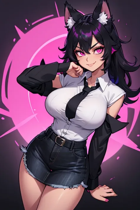 female, black long hair with magenta highlights, silver eyes, wolf ears, wolf tail, (((1girl))), (((black cropped dress shirt with sleeves rolled up))), (magenta shirt), (black denim jeans), (black shoes), (black belt), cute and sexy, full body, big breast...