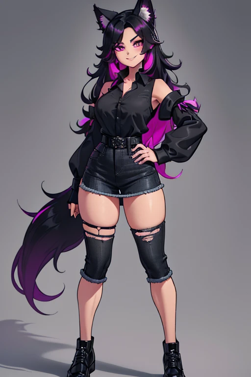 female, black long hair with magenta highlights, silver eyes, wolf ears, wolf tail, (((1girl))), (((black cropped dress shirt with sleeves rolled up))), (magenta shirt), (black denim jeans), (black shoes), (black belt), cute and sexy, full body, big breast...