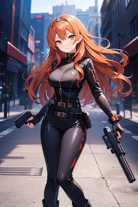 A beautiful woman with wavy orange hair who is dressed in a tight black suit that has a zipper in the front, that has a steel belt with compartments, a pair of black boots and is armed with 2 pistols and has a beauty queen tiara on her head