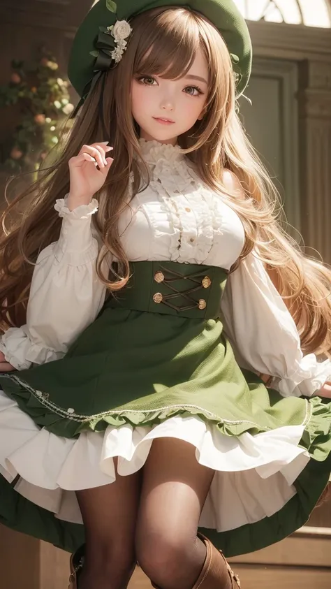 One girl, solo, High resolution, Best Quality, Very detailed, Textured skin, Long Hair, Light brown hair, Hair in the eyes, Large Breasts, Loose and fluffy wavy hair, Dark green ruffled blouse, Ivory long skirt, Platform boots, Flower hair ornament, A sedu...