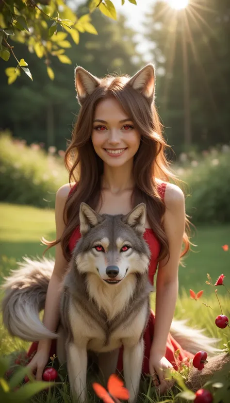 masterpiece,best quality, 1girl, solo, slight smile, slight smile, cherry, sunlight dapple, butterfly, grass animal ears,wolf ears,long hair, tail, wolf tail, red eyes, wolf girl,brown hair,,  