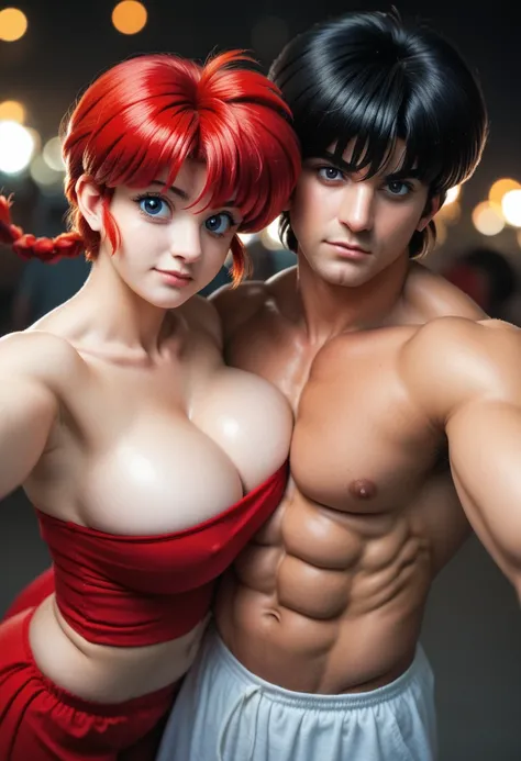 1 boy and 1 girl, a couple selfie, hug, selfie, ranma girl and ranma boy in a selfie, ((Ranma Chan, redhead girl, huge breast, big ass, thick thighs, wide hips))(a couple selfie)((Ranma Saotome, male, handsome man, abs, black male hair))(ranma girl and ran...