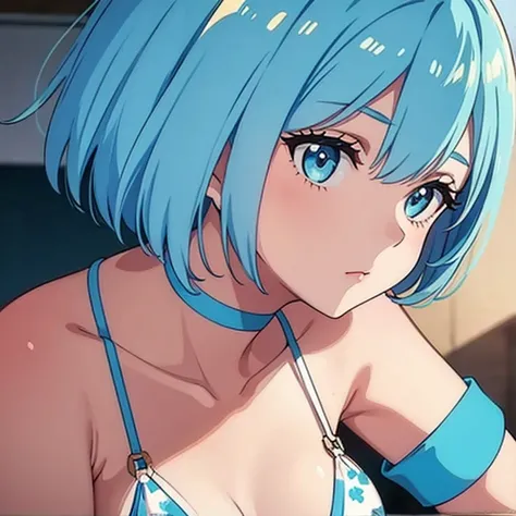 girl.Short Bob.Light blue hair.Micro Bikini