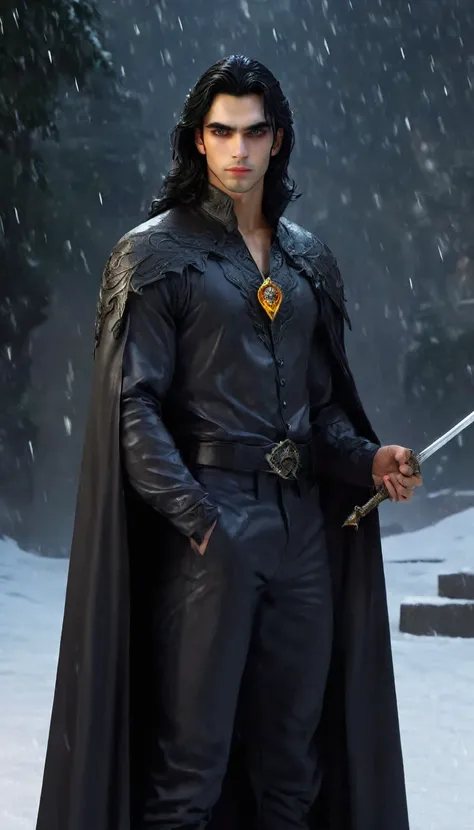 A young man, rangy, with an attractive face and perfect slim features., long black hair, Yellow eyes, beautiful black eyebrows, a vampire, a thoughtful expression on his face., with a snow-white shirt and a black cape, a dagger in hand(raw photo, best qual...