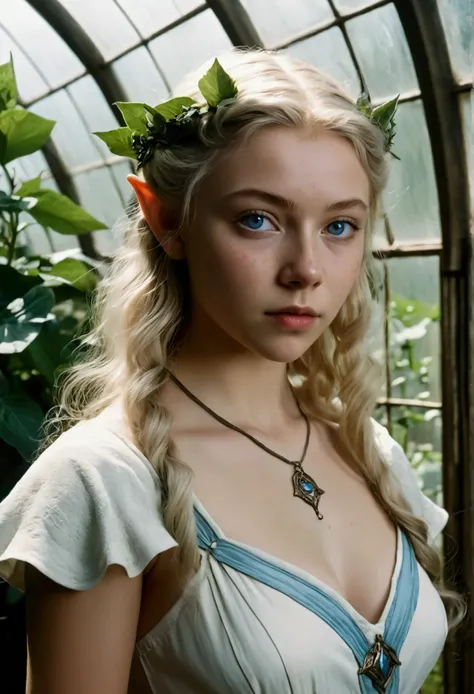 analog film photograph, photo of an elven maiden, 18-years-old, wearing a white sun dress, busty bosom, tan complexion, freckles, pointy elf ears, blue eyes, silver-blonde hair, frizzy tousled hair, resembles Margaery Tyrell, posing in a Victorian greenhou...