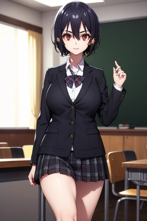 aimizuno, ai mizuno, black hair, hair between eyes, (red eyes:1.5), short hair, break black jacket, black legwear, black neckwea...