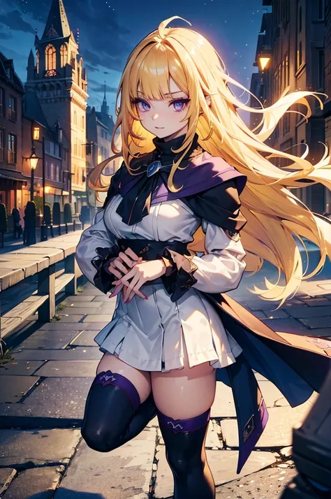 The cathedral is in the background、Medieval street at night,　Wide Road、 （Red eyeliner for a striking look、Cold Eyes、 Long eyelashes、Purple eyes、(Highly detailed and exquisite 3D rendering)、細部までBeautiful Faceと目、Sharp pupils、Beautiful Face、beautiful girl、(Hi...