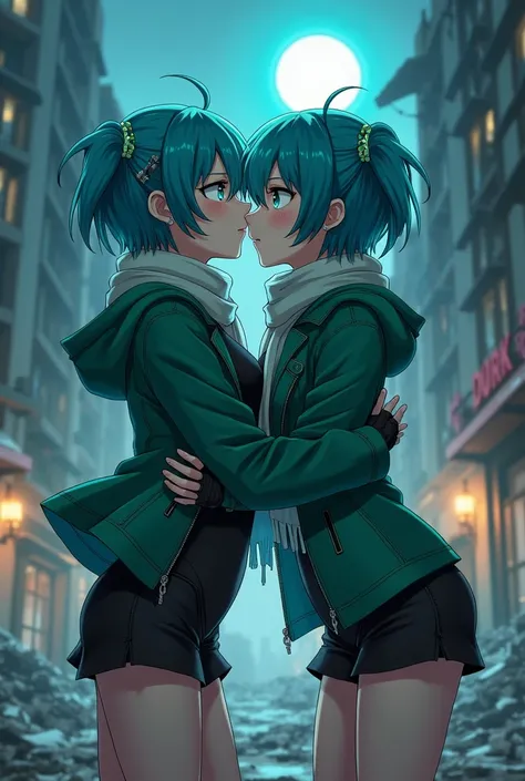 sinonggo, aqua eyes, short hair, aqua hair, sidelocks, hair between eyes, hairclip, hair ornament, green jacket, leotard, scarf, black shorts, gloves, long sleeves, medium breasts,(Anime style, 2+girls, ((((((kissing and feeling intensely)))))). View from ...