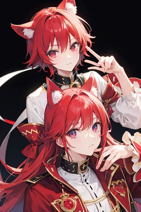 Red Hair、Dog ears、Prince&#39;s outfit with a white motif and red accents、Red and blue odd eyes