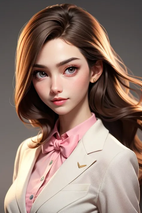 Girl, long light brown hair, gray eyes, sharp features, white skin, pink lips, formal style