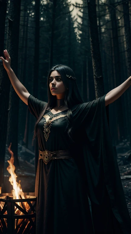 Beautiful sorceress woman, arms raised in worship, wearing black tunic, bonfire in front, dark forest background, detailed face and eyes, cinematic lighting, fantasy art, moody colors, dramatic composition, masterpiece, 8k, realistic, photorealistic