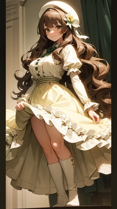 One girl, solo, High resolution, Best Quality, Very detailed, Textured skin, Long Hair, Light brown hair, Hair in the eyes, Large Breasts, Loose and fluffy wavy hair, Dark green ruffled blouse, Ivory frilly long skirt, Platform boots, Flower hair ornament,...