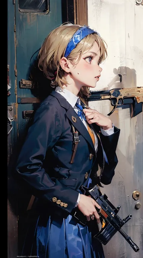 detailed background: (european street, Italy, old stone apartment), backstreets, cityscape, warm lighting, extremely beautiful blue sky, (((little girl in a school uniform is firing a submachine gun, she is smashing down the door into an apartment, door de...