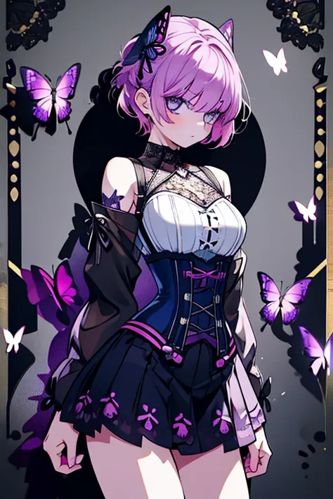 12:51:24 1 girl、Mature、Ample breasts、Very Short Hair、Earrings、Long eyelashes、Neutral facial features、cool、Navy, purple and pink hair、cool、Goth、Maid uniform、Lace-up、corset、Miniskirt、Lace fabric、Shoulder Bare、Punk Fashion、Armament、Butterfly Tattoo、garter