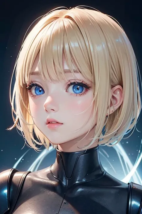 blonde、short hair、girl１、android、android girl、humanoid、 close up of face、upward glance、morning、sunlight、glowing blue eyes、smooth gunmetal grey skin、camera lens eyes、