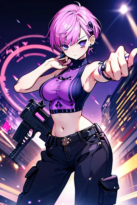 1 girl、Mature、Ample breasts、Very Short Hair、Earrings、Long eyelashes、Neutral facial features、cool、Navy, purple and pink hair、cool、Sleeveless、turtleneck、Cargo pants、Belly button、Punk Fashion、Sniper、Pointing a Gun、Night view