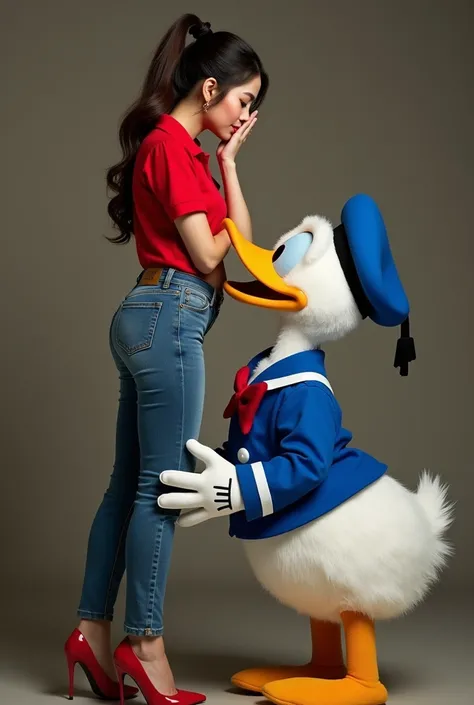 Seulgi of Red Velvet kiss Donald Duck. Seulgi is wearing Red polo shirt, blue skinny tight jeans, and red high heels. Donald Duck is wearing his original clothes in Mickey Mouse and Friends. Side view hot kiss of Seulgi and Donald Duck. Full body from head...