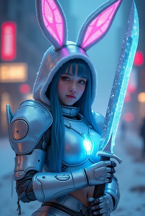 A beautiful & attractive young girl wearing a cyberpunk armory designed like a ice bunny wearing a cyberpunk designed ice bunny  head band, with gaint illuminating ice knife, with ice bunny design & hats, full body viewing details, camel toe, sapphire hair...