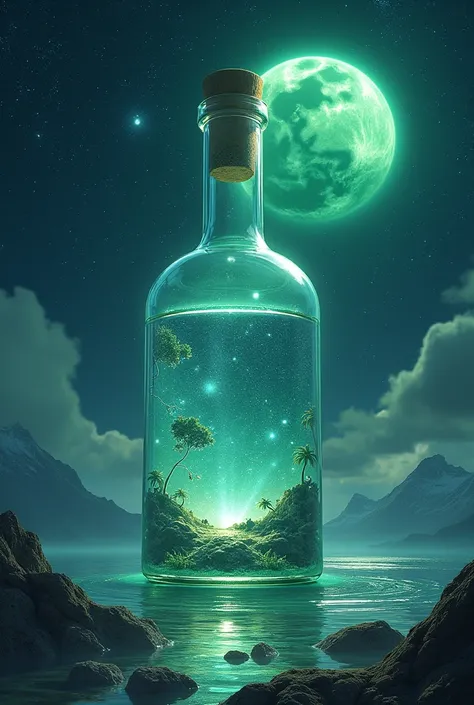 A massive bottle containing a grand lake, ultra-detailed scene, octane rendering, starry sky, huge green moon, celestial treasure, inspiration, imagination