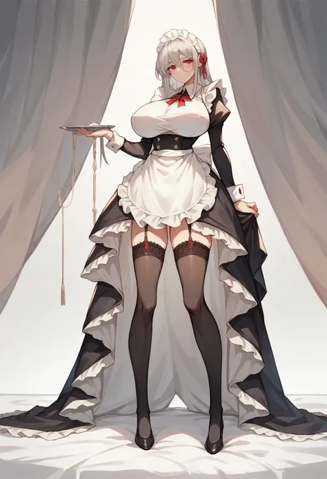 Long silver hair,Red eyes,fine grain,She has a voluptuous body with beautiful huge breasts,Very beautiful long legs.,Black knee-highs,garter,Perfect body, (masterpiece, Highest quality:1.2),Maid, headdress,apron