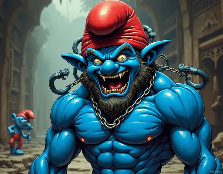 a grotesque image of terros 8k, screen print of a muscular blue killer smurf with his head covered in small vipers under his red smurf hat, cyberpunk art, enraged character, by katsuya terada, in the background a house of terror, with a chained smurf , blu...