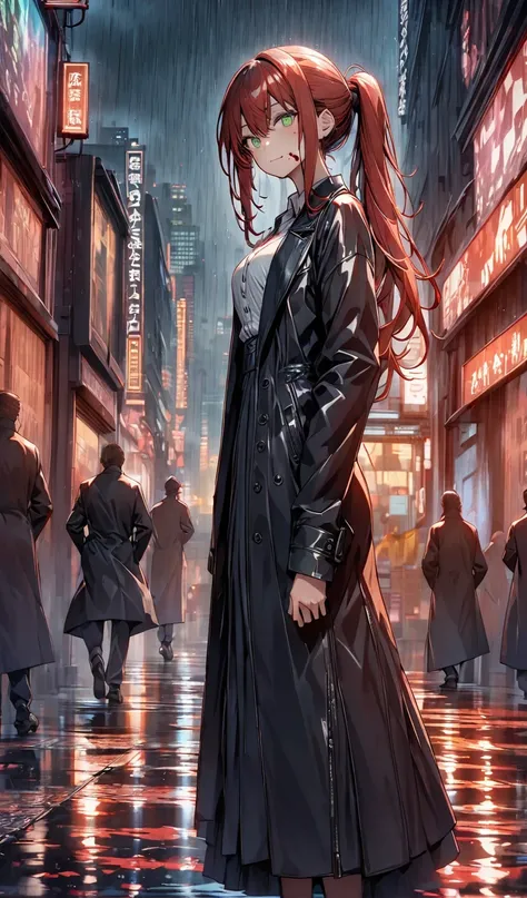 there is, danger ,Alone,Sharp-eyed,Villain,Wicked Smile,Dress shirt、Black long skirt、A beautiful woman wearing a black long coat, Red Hair, Long Ponytail, Green Eyes, Night City, rain,sad,Highly detailed eyes, Highly detailed face, Highly detailed backgrou...